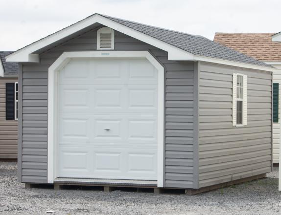 10x16 Front Entry Peak Style Storage Shed with Vinyl Siding, Window, Gable End Vents, and 6 foot Overhead Garage Door